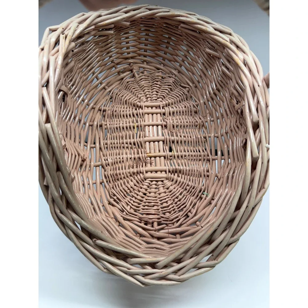 Vintage Pink Wicker Basket Oval Woven Easter Gift Basket with Handle 16 Inch